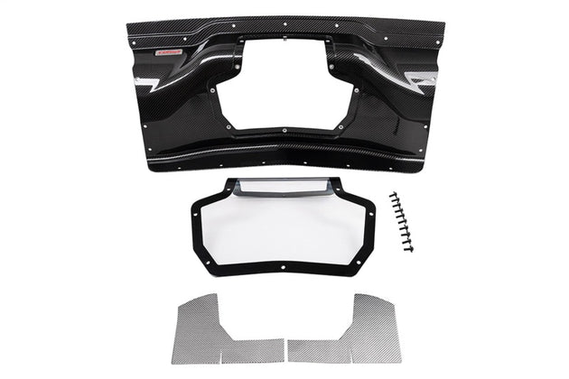 Corvette C8/Z06 2020+ carbon fiber air intake trunk panel with polycarbonate window, designed for Chevrolet Corvette carbon accessories.