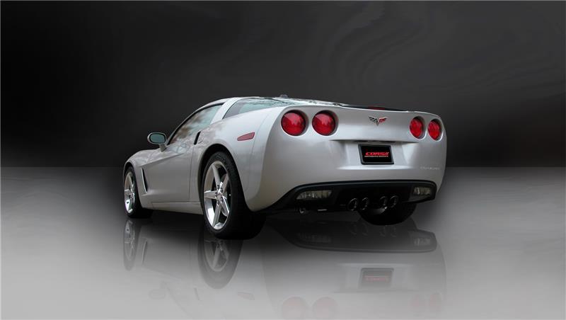 Black Corsa Performance axle-back exhaust for Chevrolet Corvette C6 2009-2013 with 6.2L V8 engine, showing the sleek exhaust tips.