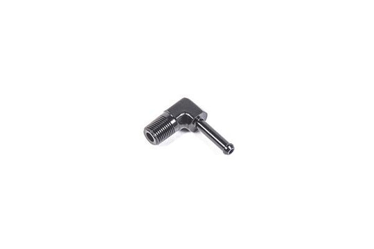 Radium Engineering 1/8 inch NPT male to 3/16 inch barb 90-degree fitting for plumbing and fluid connections.