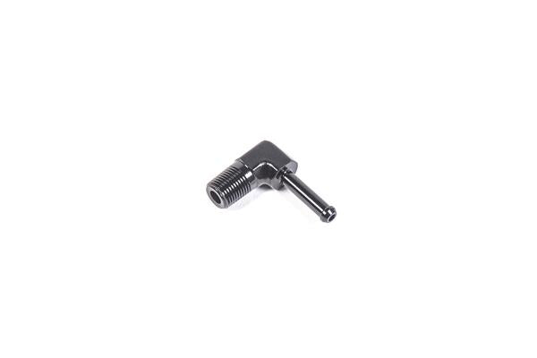 Radium Engineering 1/8 inch NPT male to 3/16 inch barb 90-degree fitting for plumbing and fluid connections.