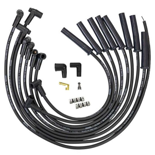 Moroso Ford 289-351W HEI-style spark plug wire set with black 8mm multi-angle boots for improved engine performance.