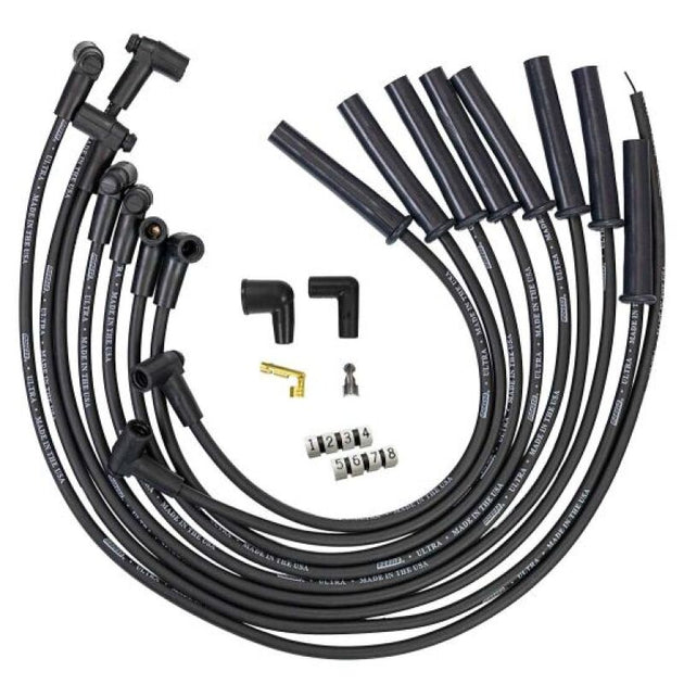 Moroso Ford 289-351W HEI-style spark plug wire set with black 8mm multi-angle boots for improved engine performance.