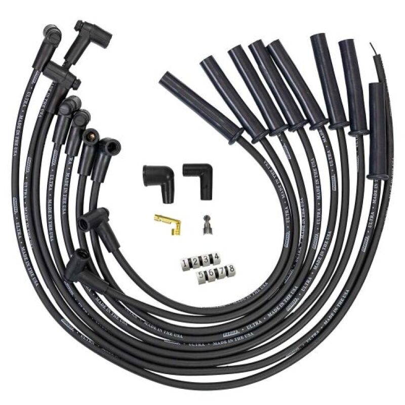 Moroso Ford 289-351W HEI-style spark plug wire set with black 8mm multi-angle boots for improved engine performance.