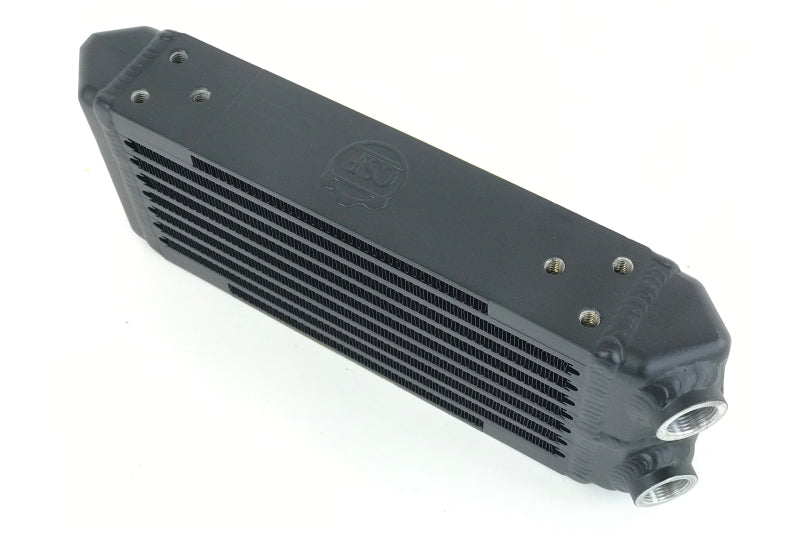 CSF universal dual-pass oil cooler with M22 x 1.5 fittings, measuring 13 inches long, 4.75 inches high, and 2.16 inches wide.