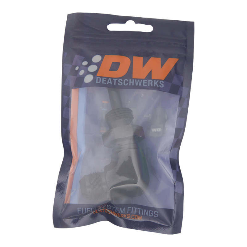 DeatschWerks 8AN male flare to 5/16-inch male barb bulkhead fitting in matte black, 90-degree angle, for fuel line connections.