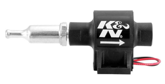 K&N Engineering electric fuel pump for performance vehicles, showing compact design and connection ports, rated 4-7 PSI.