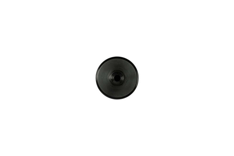 Turbosmart 10um 6AN inline fuel filter in black, showing the compact cylindrical design and inlet/outlet fittings.
