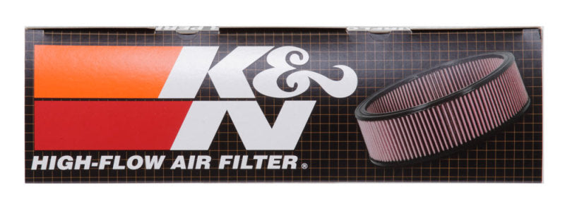 K&N Engineering 14-inch round drop-in air filter with 12-inch inner diameter and 4-inch height, designed for vehicle air intake systems.