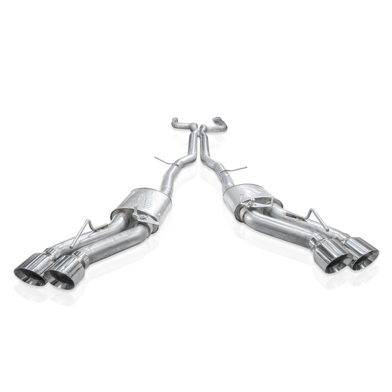 Stainless Works Cadillac CT5-V Blackwing catback exhaust with polished tips, showcasing the sleek, stainless steel design.