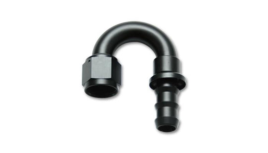 Vibrant aluminum -6AN push-on 180-degree hose end fitting showing sleek silver finish and angled connection for automotive hoses.