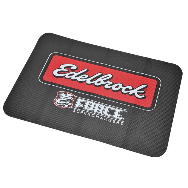 Edelbrock Racing Fender Cover made of PVC foam with printed Edelbrock logo, designed for automotive hardware protection.