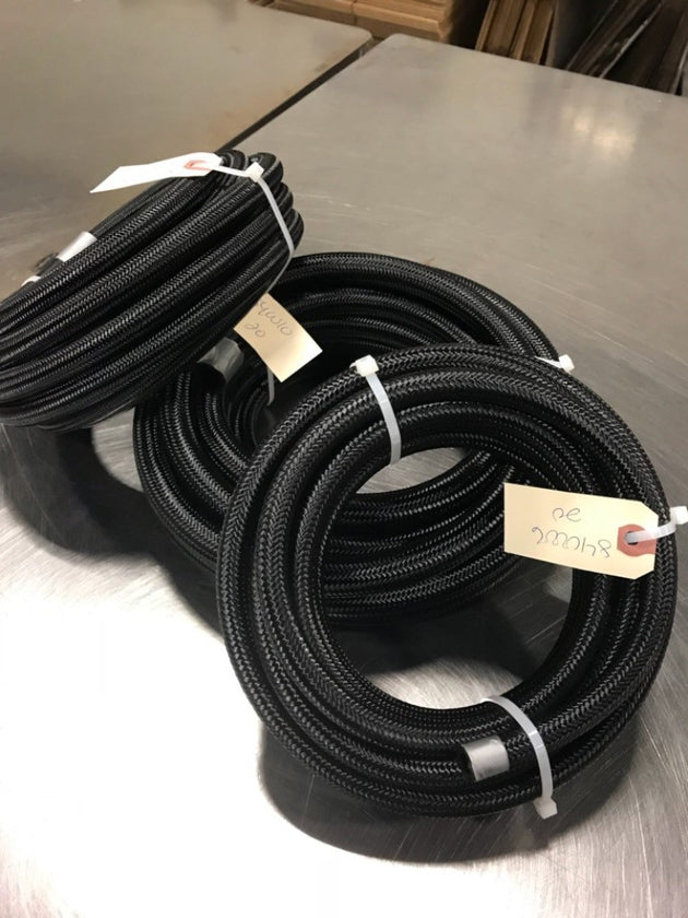 Fragola -10AN premium nylon race hose in black, 3 feet length, designed for high-performance automotive fluid transfer.