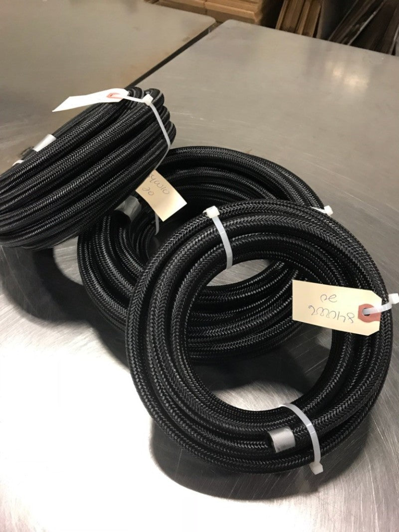 Fragola -6AN premium nylon race hose, 10 feet long, with black braided exterior, designed for high-performance automotive applications.