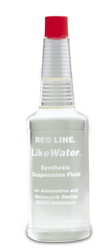 Red Line LikeWater Suspension Fluid in 16oz bottle, a hydraulic oil designed for smooth suspension system performance.