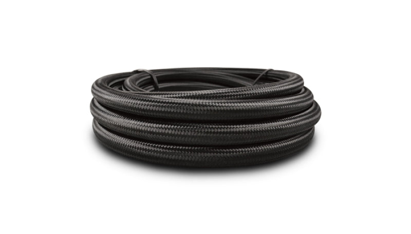 Vibrant -10 AN black nylon braided flex hose with PTFE liner, 20ft long, used for automotive or industrial fluid connections.