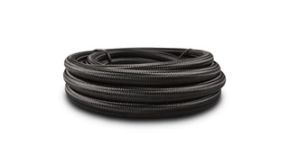 Vibrant 12 AN black nylon braided flex hose, 20-foot roll, durable automotive fluid transfer hose with flexible braided design.