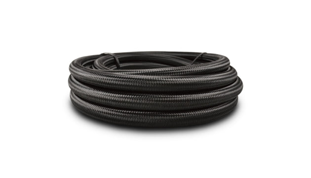 Vibrant black nylon braided Flex Hose with PTFE liner, 5 feet long, durable automotive or industrial hose with reinforced construction.