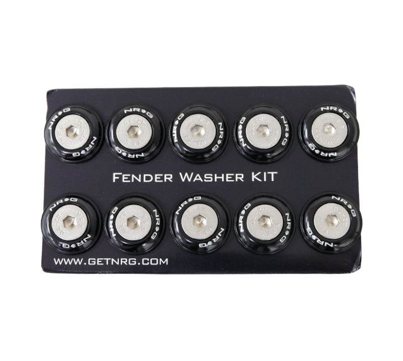 NRG black fender washer kit with rivets for plastic, set of 10, showing hardware components and black washers on a white background.