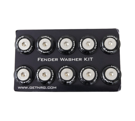 NRG black fender washer kit with rivets for plastic, set of 10, showing hardware components and black washers on a white background.