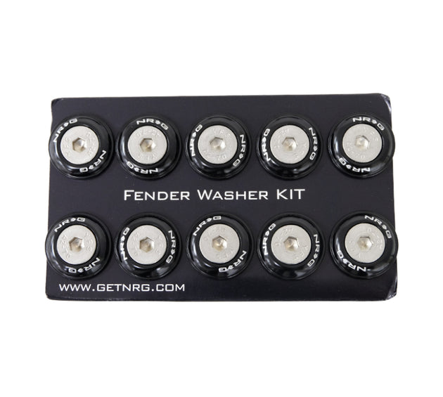 NRG black fender washer kit with rivets for plastic, set of 10, showing hardware components and black washers on a white background.