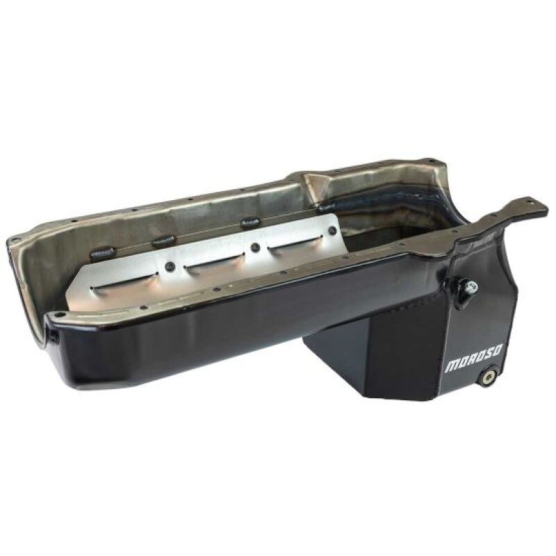 Moroso Chevy S10 oil pan with dipstick, steel wet sump, 9.5-inch depth, fits SBC swap, for 6.5 Qt engine oil capacity.