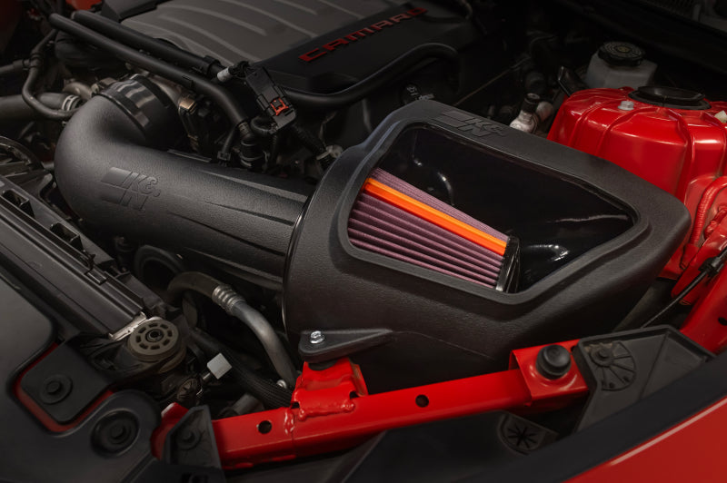 K&N Engineering cold air intake system for Chevy Camaro SS V8 6.2L engine, featuring high-performance air filter and intake tubing