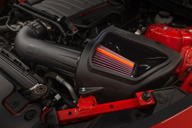 K&N Engineering cold air intake system for Chevy Camaro SS V8 6.2L engine, featuring high-performance air filter and intake tubing