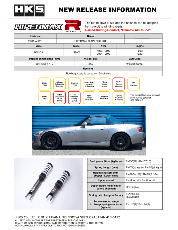 HKS Hipermax R coilovers for AP1/AP2, adjustable suspension components with blue springs and dampers on a car.
