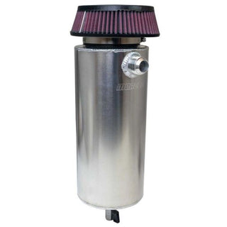 Moroso aluminum oil catch can with 6-inch diameter and -16AN inlet for automotive engine ventilation and oil catch system.
