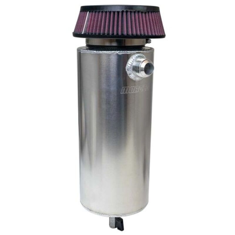 Moroso 6-inch diameter aluminum oil catch can with -16AN inlet for vehicle crankcase ventilation, featuring a sleek metal design.