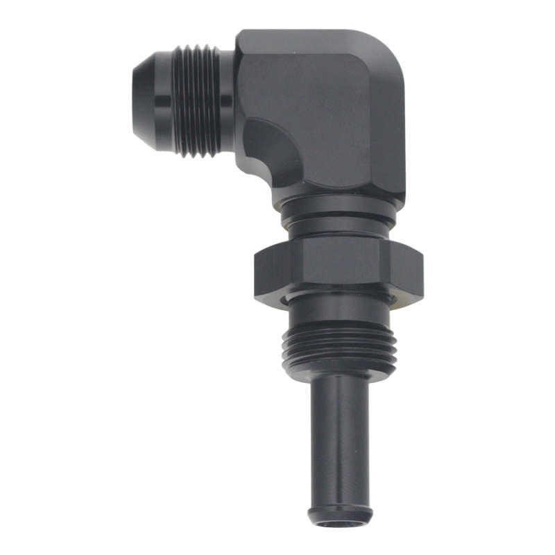 DeatschWerks 8AN male flare to straight 3/8 inch hose barb fitting in matte black anodized finish, suitable for high-performance fuel systems.