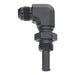 DeatschWerks 8AN male flare to straight 3/8 inch hose barb fitting in matte black anodized finish, suitable for high-performance fuel systems.