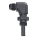 DeatschWerks 8AN male flare to straight 3/8 inch hose barb fitting in matte black anodized finish, suitable for high-performance fuel systems.