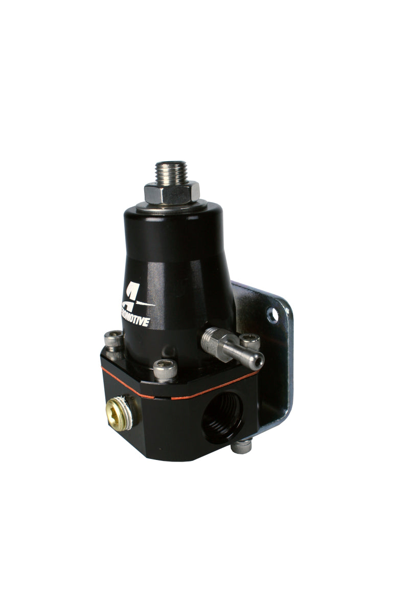 Aeromotive black billet EFI fuel pressure regulator with dual -6 inlets and single -6 return, designed for adjustable fuel system regulation.