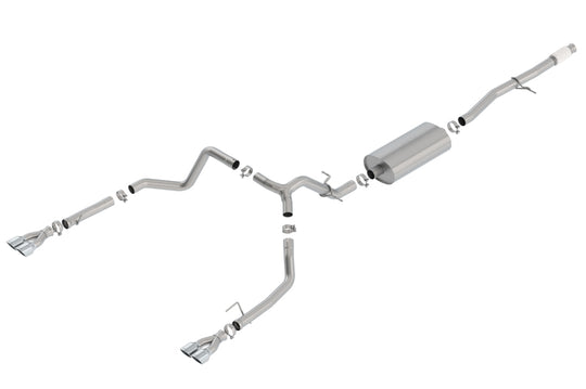 Borla catback exhaust system with quad square tips installed on a 2019 Chevy Silverado 1500 V8, showcasing the polished metal finish.