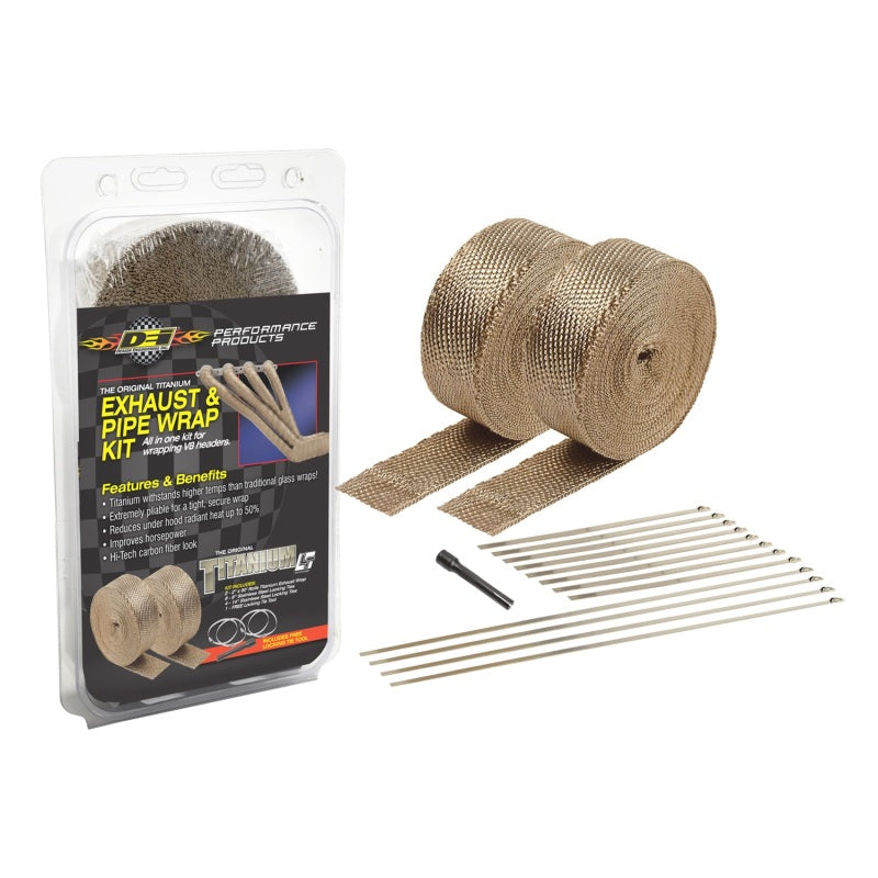 DEI titanium exhaust wrap kit showing four rolls of heat-resistant, silver-colored insulation material for automotive exhaust systems.