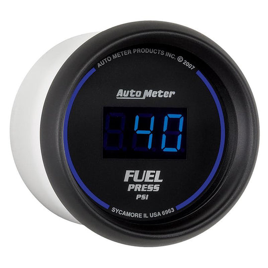 AutoMeter 52.4mm black digital fuel pressure gauge displaying PSI readings for vehicle monitoring.