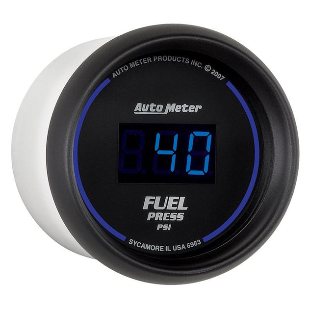 AutoMeter 52.4mm black digital fuel pressure gauge displaying PSI readings for vehicle monitoring.