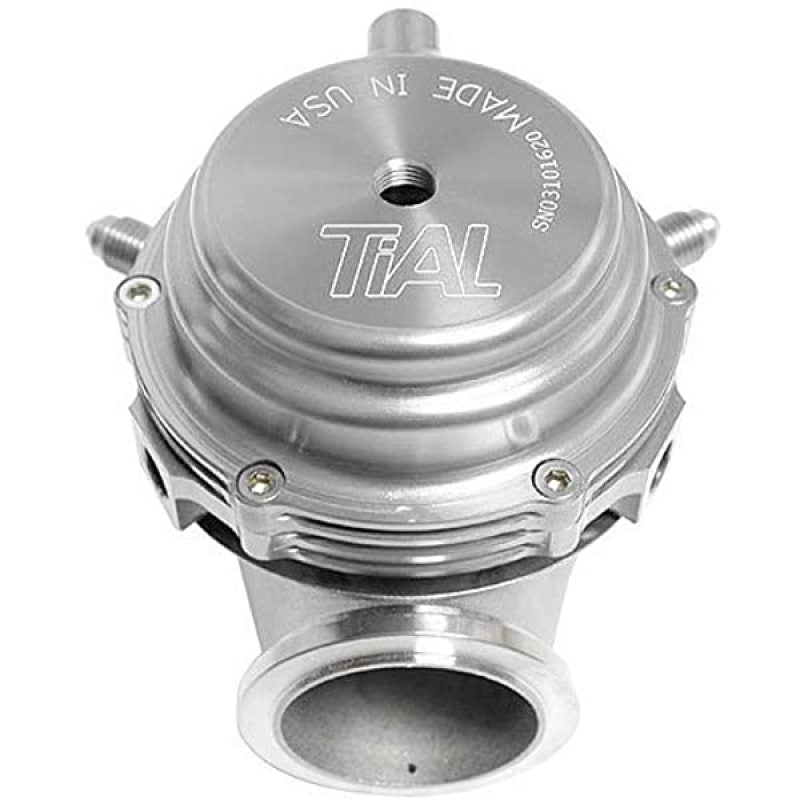 Silver TiAL Sport MVS Wastegate with all springs and clamps, showcasing the compact turbocharger wastegate for automotive performance.