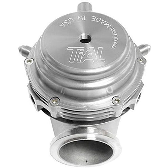 Silver TiAL Sport MVS Wastegate with all springs and clamps, showcasing the compact turbocharger wastegate for automotive performance.