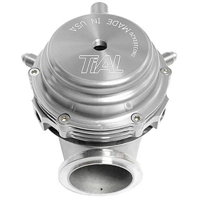 Silver TiAL Sport MVS Wastegate with all springs and clamps, showcasing the compact turbocharger wastegate for automotive performance.