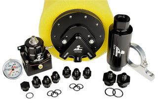 Aeromotive Phantom Dual 340 universal fuel pump with black metal casing and wiring, designed for automotive fuel system applications.