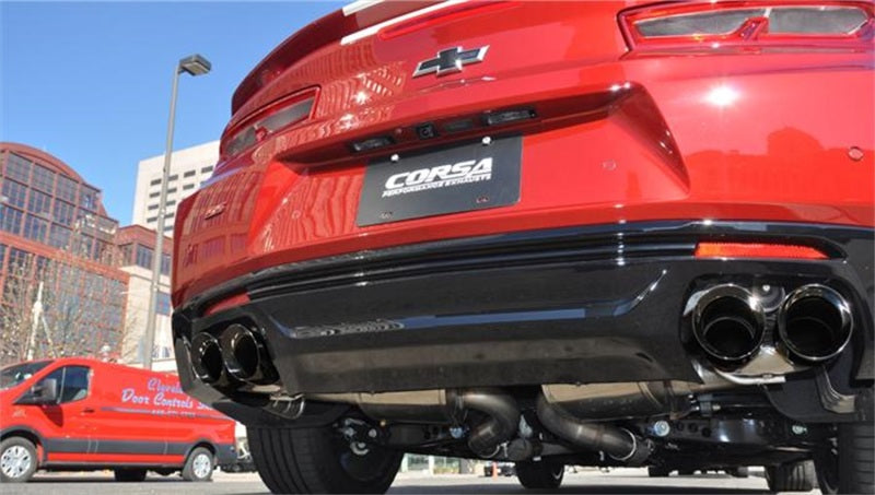 Black CORSA Performance axle-back exhaust for Chevrolet Camaro SS 2017-2024 with 6.2L V8 engine, featuring dual exhaust tips.