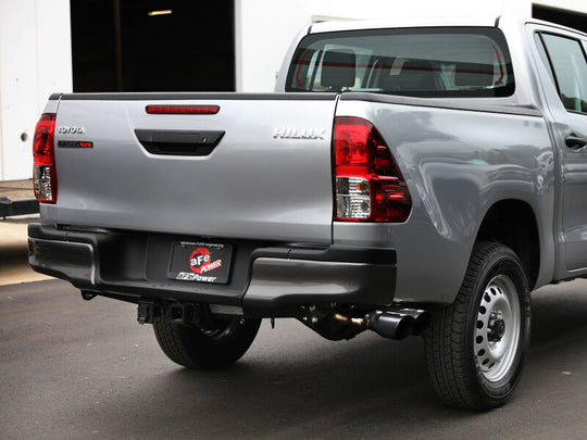 aFe Vulcan Series 3-inch stainless steel catback exhaust with black tip for Toyota Hilux 2.4/2.8L diesel, rear-side exit design