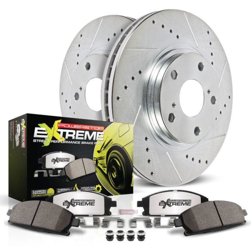 PowerStop Z26 Street Warrior front brake kit for 2005-2007 Cadillac XLR, includes performance brake pads and rotors.