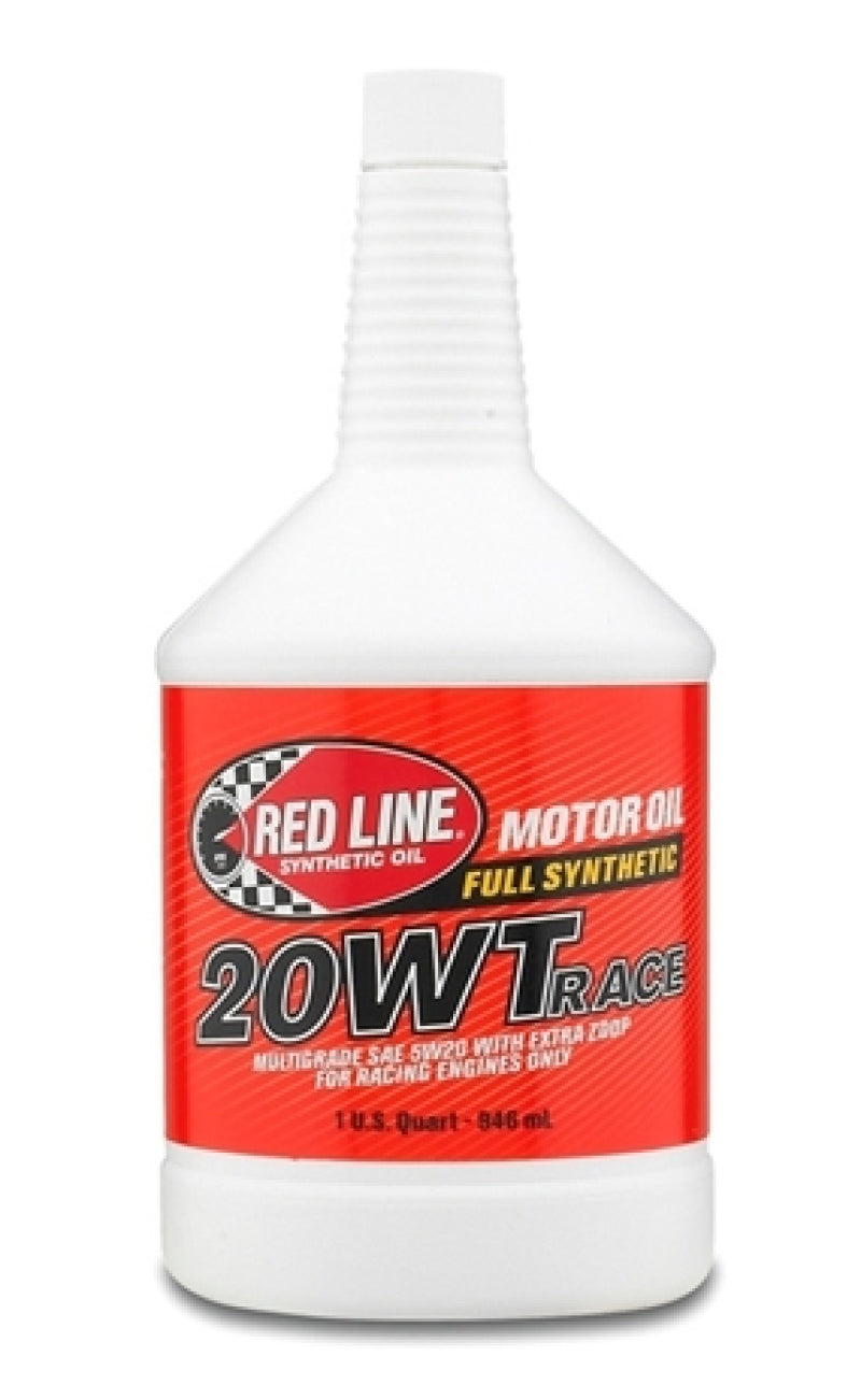 Red Line 20WT Race Oil quart container, high-performance motor oil for racing engines, with red and black branding on the label.