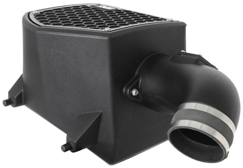 K&N 63 Series AirCharger cold air intake installed in a 2020-2021 Chevrolet 1500 L6-3.0 diesel engine, showing the intake tube and filter.