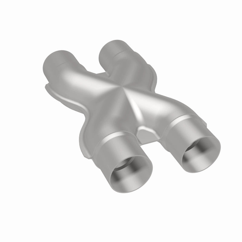 MagnaFlow Smooth Trans X 2.25-inch stainless steel X pipe for exhaust systems, showing the polished metal design and connection points.
