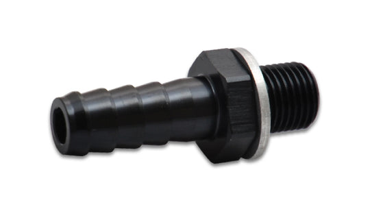 Vibrant aluminum metric to barb fitting, male M18 x 1.5 to 3/8 inch barb connection, showing fitting with threaded and barbed ends