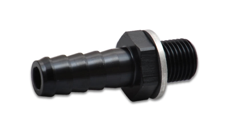 Vibrant Male 14mm x 1.5 metric to 3/8 inch barb fitting, showing the threaded end and attached barb connector for hoses.